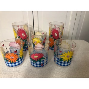 Plastic Set Of 6 1993 AMC Flower Blue Checker Tumblers Cups