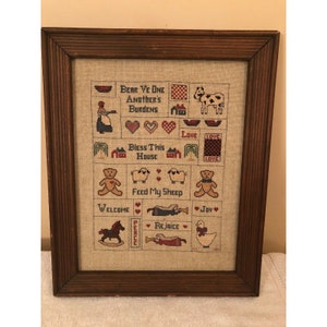 Vintage Handmade Cross Stitch Framed Sampler Primitive Country Decor 1984
