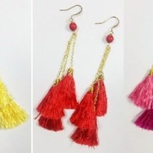 Three tassel earrings | Boho | Handmade | Artisan | Gift for her | Tassel jewelry | Fair Trade Gift | Yellow earrings | Red earrings