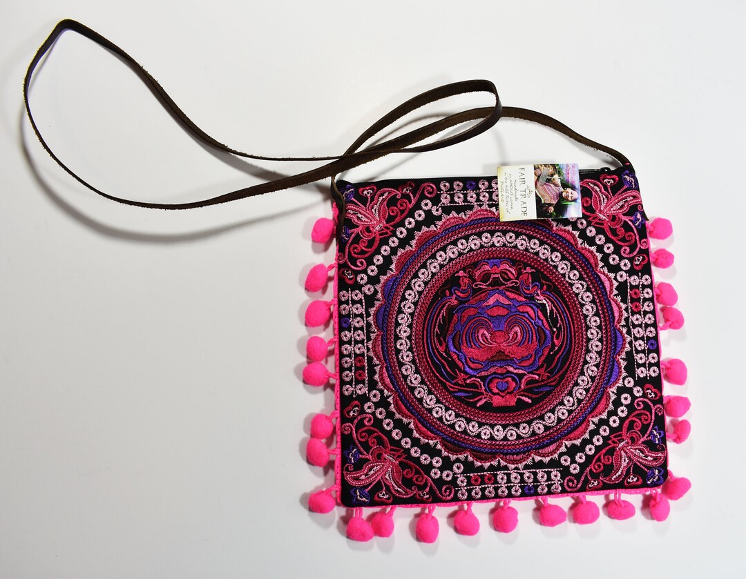 Boho Hand Bag Crossbody Backpack Hand-held Pink Multicolor Pompoms Square Boho Hand Bag Crossbody Backpack Hand-held Pink Multicolor  main image 4