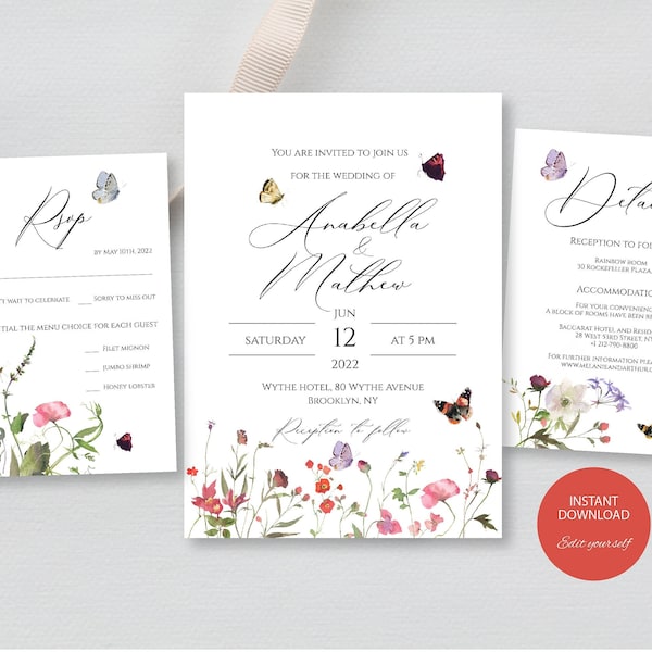 Summer Wedding Invitation Set, Meadow Wild Flowers, Field Flowers, Butterfly, Printable Invitation Template, Fully Editable, B7