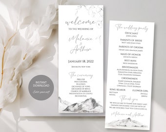 Winter Landscape Editable Wedding Program Template, Fully Editable Printable Ceremony Template, Printable DIY, Order Of Ceremony, A17, Snow