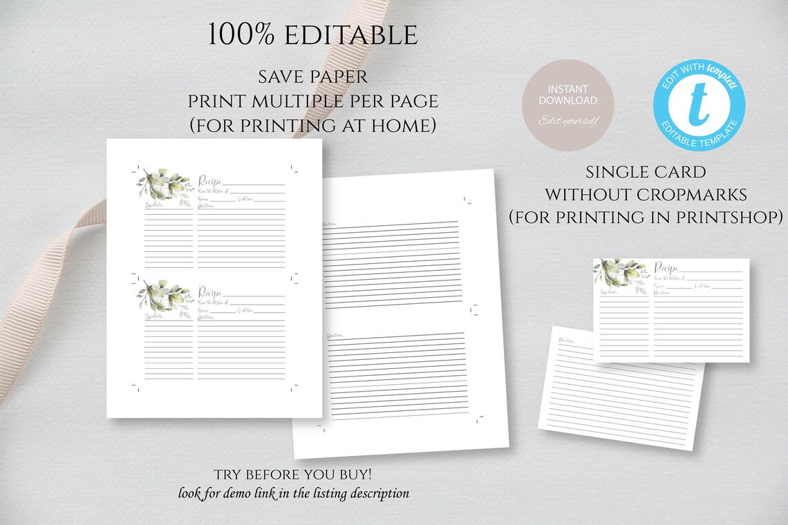 Printable Recipe Card Template, Instant Download, Recipe Cards, DIY ...