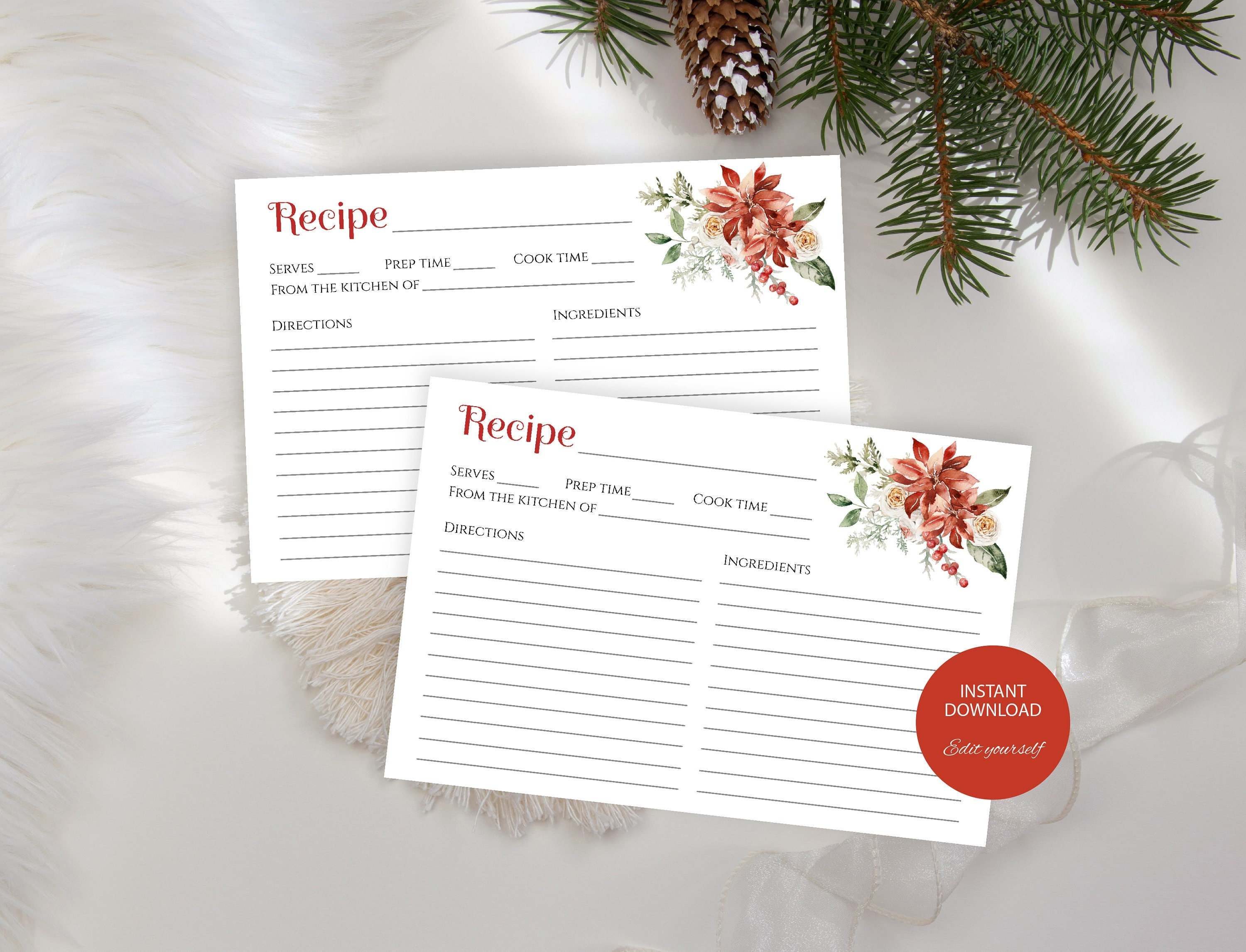 Printable Christmas Recipe Card, Editable Recipe Template, Holiday ...