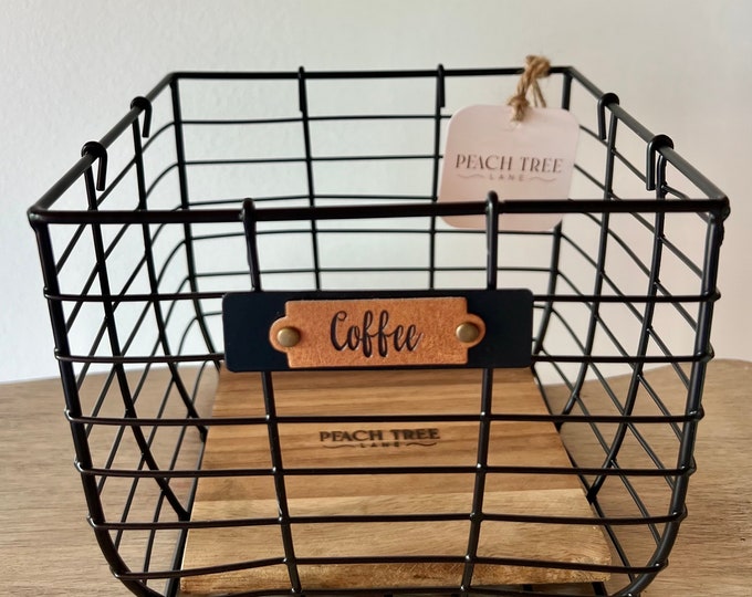 Rustic Coffee Pod Holder: Black Wire Basket with Acacia Wood Base for storing coffee