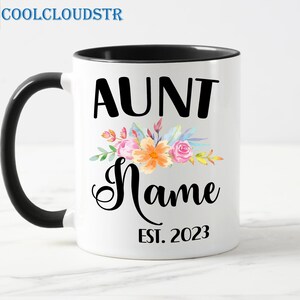 Personalisierte Tante Name Est 2023 Kaffeetasse, benutzerdefinierte Tante Geschenk, neue Tante Tasse mit Namen, erste Zeit Tante Geschenk, kundenspezifische Baby offenbaren Tasse