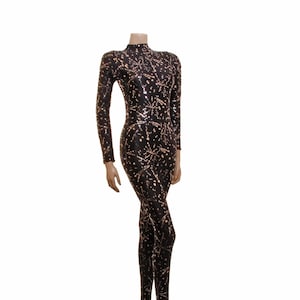 Catsuit Jumpsuit Unitard Bodysuit Long Sleeves Black And Metalic Silver