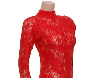 Catsuit Unitard Bodysuit Long Sleeves Red Lace Catsuit Footless Elsa