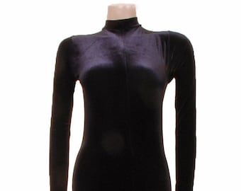 Catsuit Bodysuit Long Sleeves Stirrup Tights Bodysuit black smooth velvet (Elsa)