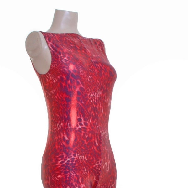 Catsuit Jumpsuit Unitard Bodysuit Red Animal Print Catsuit Sleeveless Size 12uk