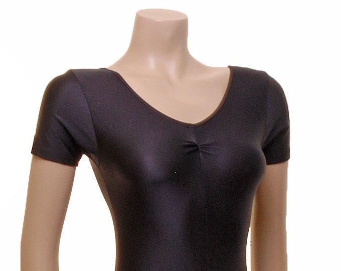 Plus Size Dance Leotard Black Lycra Rouch Front Short Sleeve jane All