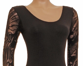 Plus Size Dance Leotard Lace Long Sleeve Black Cotton