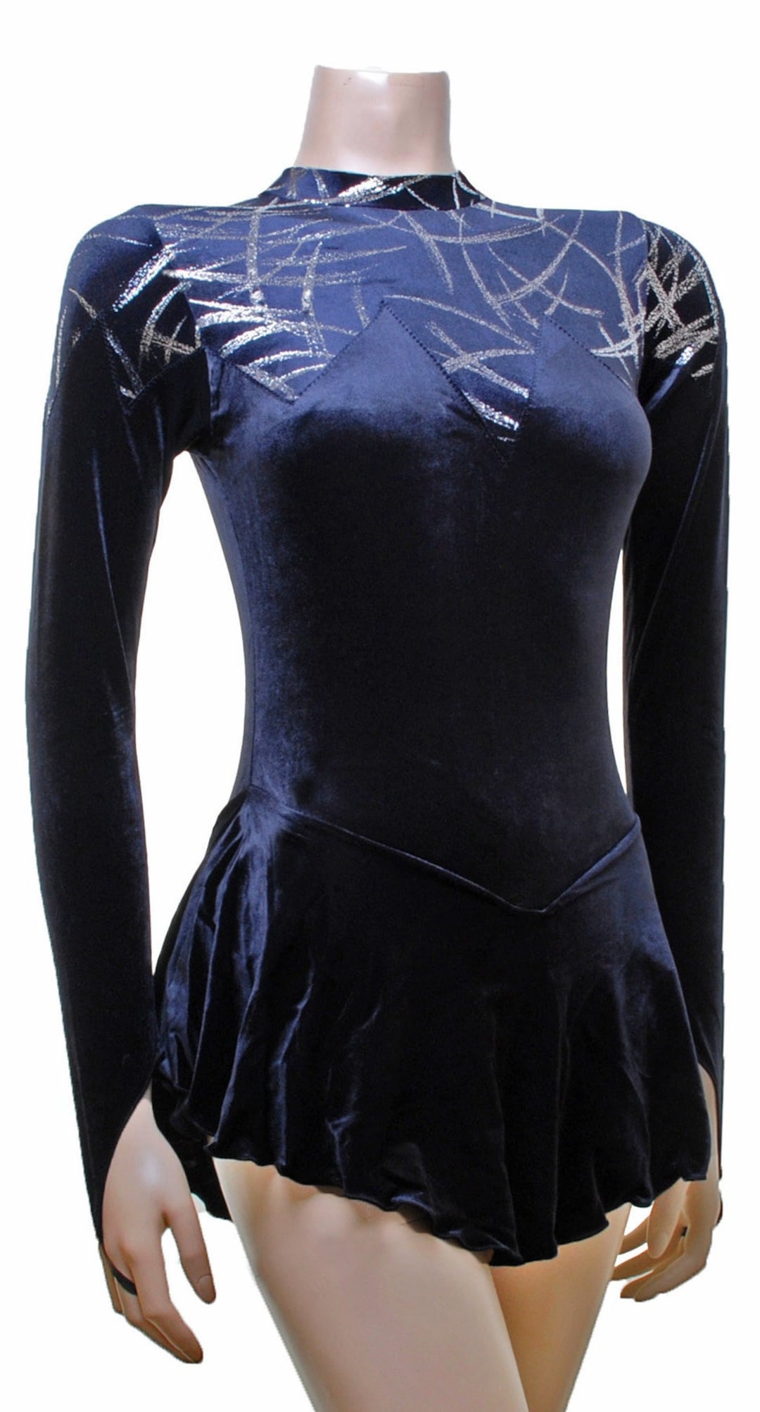 Ice Figure Skating Dress Black Velvet With Silver Foil Long Sleeve