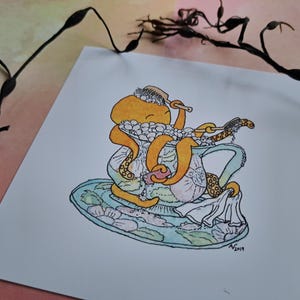 Polpo in tazza da tè, stampa giclée ad acquerello