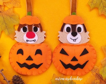 Chip and Dale Autumn Pumpkin Decor Keychain Felt, Chip & Dale's hanging Disney Halloween Decor Ornament Handmade