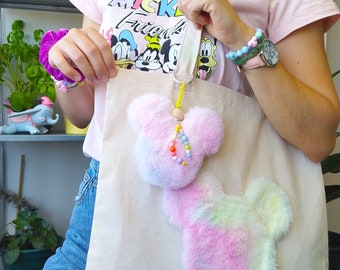 Pastel Rainbow Collection fluffy Tote bag, Fluffy Mickey Head keychain, cute Disney inspired accessory