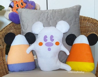 Pillow Mickey Ghost and Candy Corn Handmad Felt, Spooky Home Decor Disney Halloween, Decorative Pillow