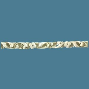 May include: A long, narrow, off-white decorative molding strip featuring a continuous, repeating relief pattern of carved scrolling leaves, vines, and small floral elements. The piece has a matte finish and a horizontal orientation.