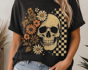 Retro vintage blommig dödskalleskjorta, läskig t-shirt, Halloween, schackrutig blommig gotisk skjorta