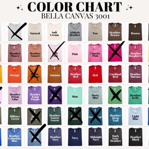 Puede incluir: Una carta de colores Bella Canvas 3001 que presenta una cuadr&iacute;cula de muestras de color de camisetas con etiquetas de texto. Varias muestras est&aacute;n marcadas con una X negra. La carta incluye colores como blanco, natural, rosa, rojo, amarillo, verde, azul y negro.