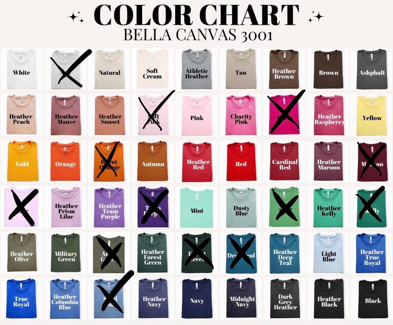Puede incluir: Una carta de colores Bella Canvas 3001 que presenta una cuadr&iacute;cula de muestras de color de camisetas con etiquetas de texto. Varias muestras est&aacute;n marcadas con una X negra. La carta incluye colores como blanco, natural, rosa, rojo, amarillo, verde, azul y negro.