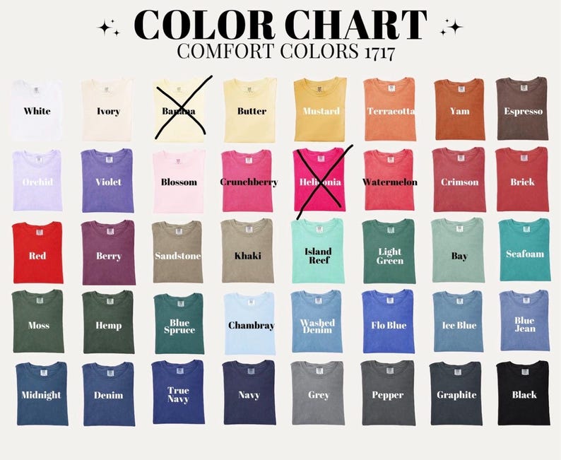 Puede incluir: Una carta de colores Comfort Colors 1717 que muestra cuarenta y ocho muestras de tela de camiseta en varios tonos, incluyendo blanco, amarillo, rosa, rojo, verde, azul y negro. Cada muestra tiene su nombre, con dos elementos tachados.