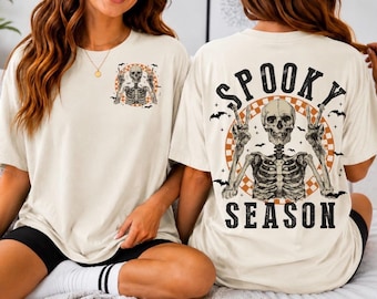 Spöklik säsongströja, retro Halloween, skelettskjorta, rutig t-shirt, fredsteckenskelett