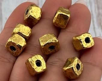 Square Artisan Spacer Beads,Antiqued Gold Plated,Lost Wax Casting,Boho Gold Findings,Hammered Metal Bead,Rustic Organic Components, AG097