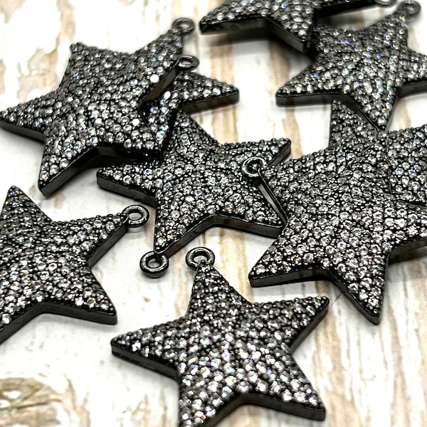 Micro Paved Cubic Zirconia Star Charms, Gunmetal Plated Pendant, Boho DIY Jewelry Making Supplies, Black Findings, Black star, CZ Components