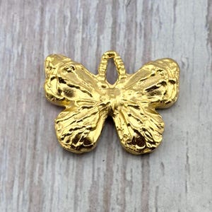 May include: A gold-colored butterfly pendant with a textured surface. The butterfly has detailed wings and a loop at the top for hanging. The pendant is set against a light wood grain background.