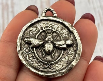 Round Bee Pendant,Antiqued Pewter,Large Charms,DIY Jewelry Making Supplies,Silver Findings,Wholesale,Medallion,Insect Charm,USA Made,PT449