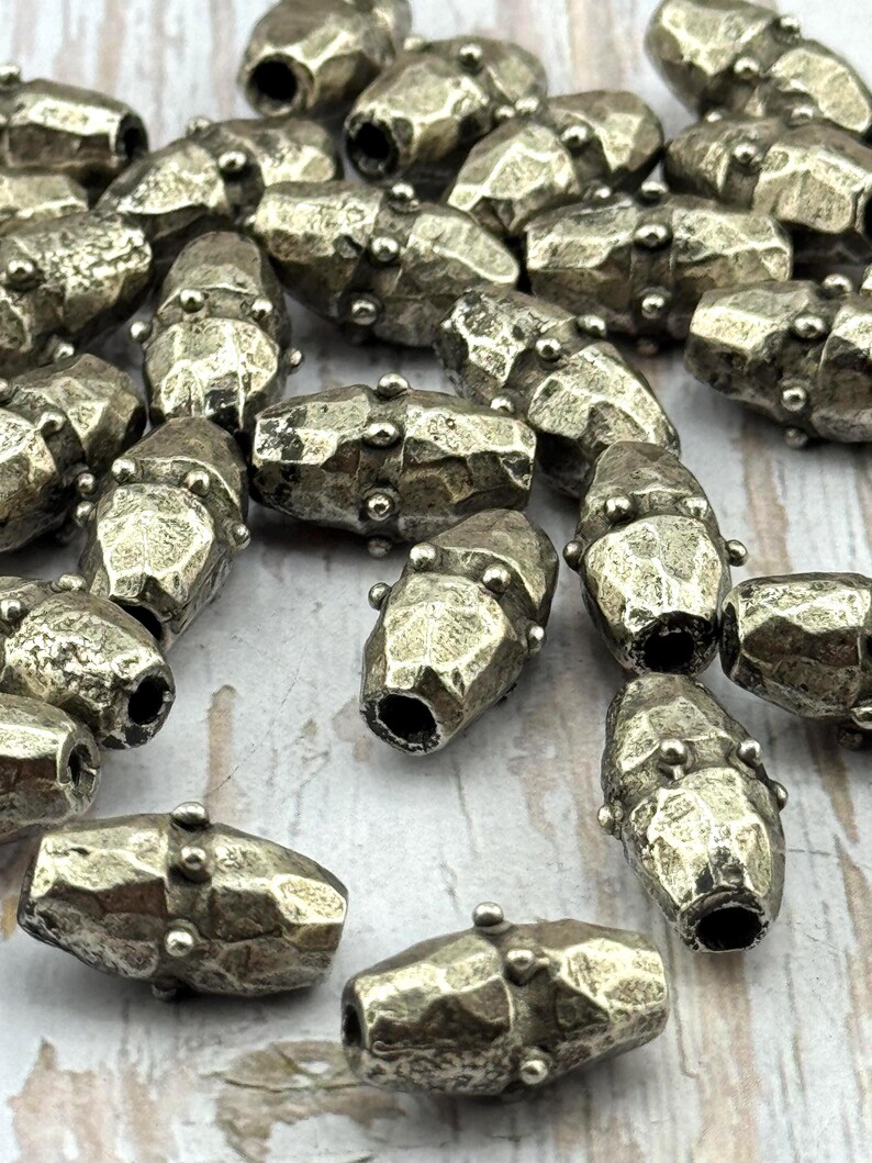 Large Artisan Oval Dotted Barrel Spacer Beads, Antiqued Pewter Boho Findings, Hammered Metal Beads,Rustic Organic Components,Silver,PT500 image 9