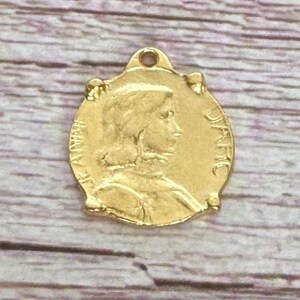 Joan of Arc Medal Satin 18k Gold Plated Charm, DIY Jewelry Making Supplies,Vintage Like Charms,Religious Catholic Soldier Saint Pendant