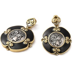 CLOSEOUT! Ancient Greek Coin Pendant,  Antique Gold Large Charm, Gold Medallion, Enamel Findings, Vintage inspired Medals