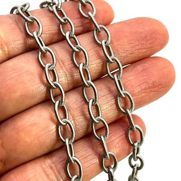 Antique Silver Etched Textured Oval Cable Chain, Silver Findings, DIY Jewelry Making Supplies, Chunky Chain by the Foot, Wholesale, Bulk