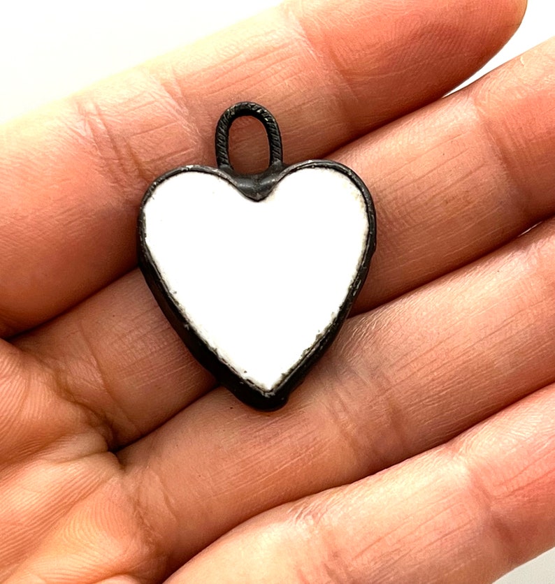 Handmade Porcelain soldered Pendant, Large Heart Charm, Large, Hand painted, DIY Jewelry Supplies, White Heart, Green Heart, Hand Soldered image 5