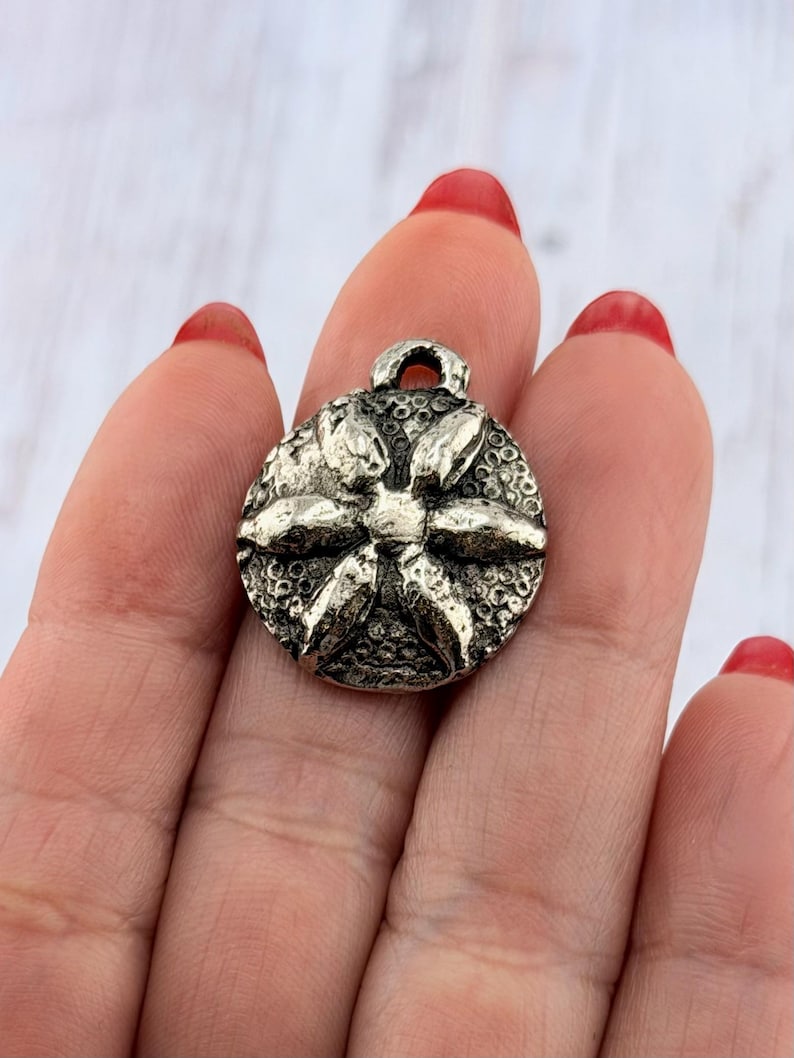 Op de afbeelding: Een zilverkleurige, ronde hanger met een bloemmotief. De hanger heeft een getextureerd oppervlak en een kleine lus aan de bovenkant om aan een ketting of koord te bevestigen. Het bloemmotief heeft zes bloemblaadjes en een gedetailleerd midden.