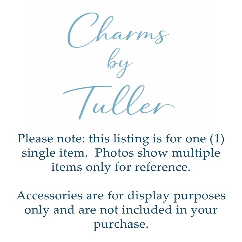 May include: White background with the text "Charms by Tuller" in a light blue script font. Additional text clarifies the listing is for a single item, with accessories for display only.