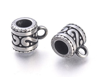 3 Textured Tube Bails,Stainless Steel Loop Beads for Charms,Large Hole,Antique Silver Spacer Ring,DIY Jewelry Supplies,Textured Beads,SS081