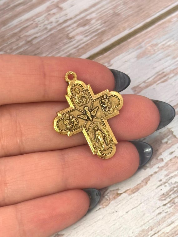 Double-Sided Christian Cross,Antiqued 18k Gold Plated,Findings,Jewelry Making Supplies,Faith Charm,Catholic Medal,USA Made,Wholesale,AG027