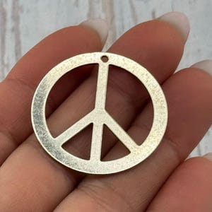 May include: A silver-colored peace sign charm with a small hole at the top for stringing. The peace symbol is a circle with a vertical line and two diagonal lines inside. The charm is round and has a slightly textured surface.