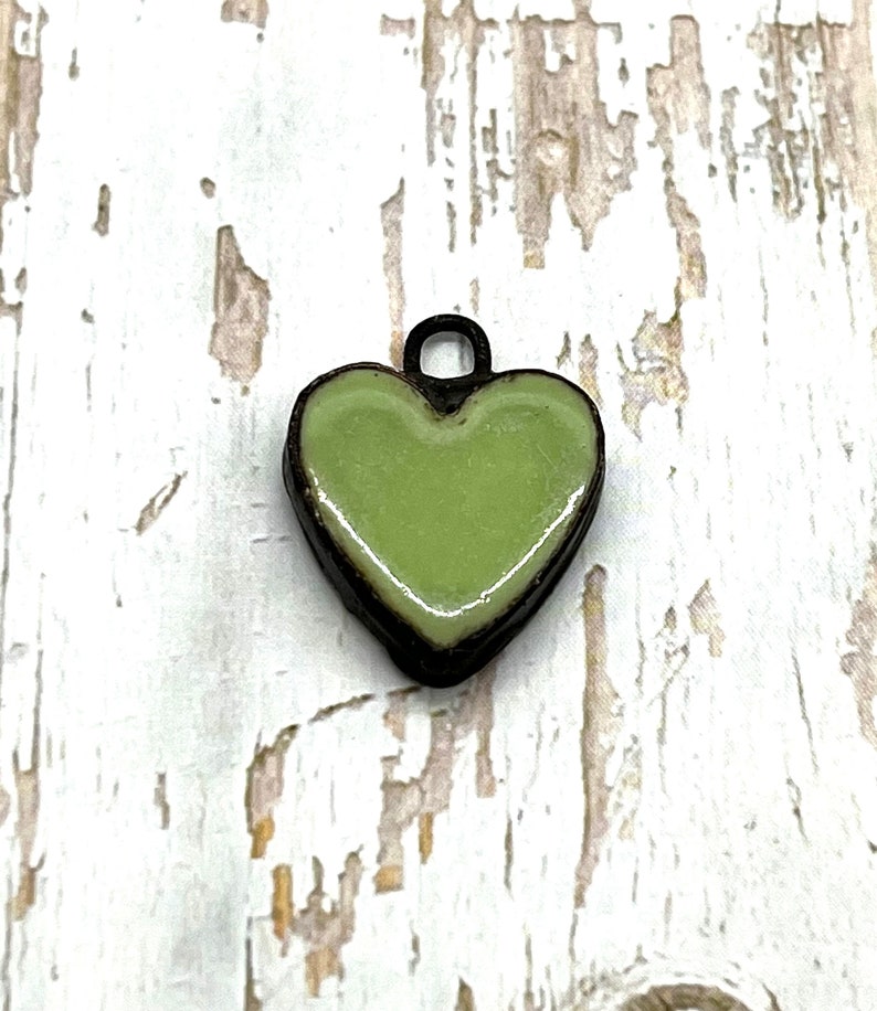 Handmade Porcelain soldered Pendant, Large Heart Charm, Large, Hand painted, DIY Jewelry Supplies, White Heart, Green Heart, Hand Soldered Sage Green Heart