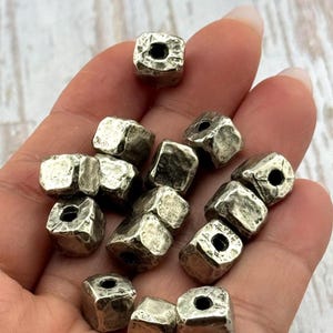 Square Artisan Spacer Beads,Antiqued Pewter Lost Wax Casting,Silver Findings, Hammered Metal Bead,Rustic Organic Bracelet Components,PT457 image 1