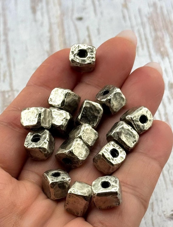 Square Artisan Spacer Beads,Antiqued Pewter Lost Wax Casting,Silver Findings, Hammered Metal Bead,Rustic Organic Bracelet Components,PT457