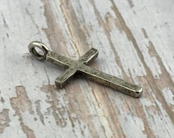 Hammered Cross Charm,Antiqued Pewter,Yoga Style Jewelry,Silver Findings,DIY Jewelry Making Supplies,Catholic Medals,Charms with Bail,PT462