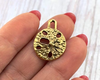 Sand Dollar Charm, Antiqued Gold Plated Pewter, Beach Pendants, DIY Jewelry Making Supplies,Small Charms,Gold Findings,Boho Seashell,  AG697