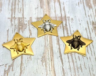 Large Chunky Bee Pendant, Handmade, Antique Gold Star Charm, Silver Bee, DIY Jewelry Making Supplies,Bumble Bee Boho Charm,Gold Bee Findings