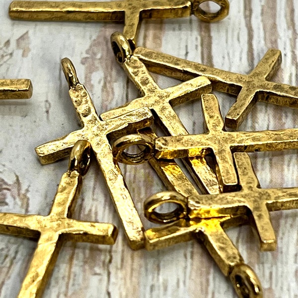 Hammered Cross Charm, 24k plated Antique Gold, Yoga Style Jewelry,Antique Gold Findings,Jewelry Making Supplies, Charms, Catholic Medals,DIY