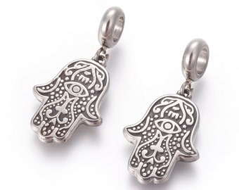 Hamsa Hand Charm, Stainless Steel, Silver Pendant, Mystical, Spiritual Prayer Hand Talismans, No tarnish, Hand of Fatima, Textured, SS033