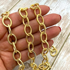 Satin Gold Chunky Large Textured Oval Cable Chain, Gold Findings, DIY Jewelry Making Supplies, Thick Chain by the Foot, Gold Flat Link Chain